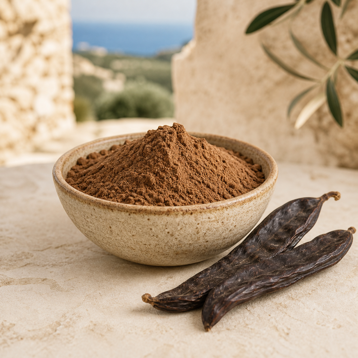 Cretan carob flour with dried carob pods